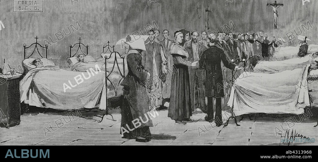Epidemia de cólera en Italia. Nápoles. El cardenal-arzobispo Sanfelice (Guglielmo Sanfelice d'Acquavella) (1834-1897) visitando a los enfermos. Grabado. La Ilustración Española y Americana, 30 de septiembre de 1884.