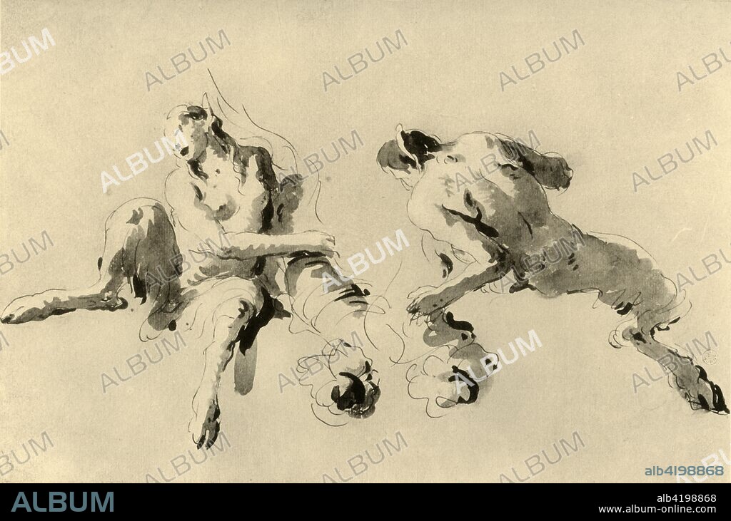 'Male and Female Faun with Cornucopeia', mid 18th century, (1928). 'Male and female faun with cornucopia', pen with wash on paper. At one time known to have been in the collection of the Horne Foundation, Florence, Italy. Italian Venetian painter and printmaker Giovanni Battista Tiepolo (1696-1770), worked not only in Italy, but also in Germany and Spain. He was commissioned to carry out frescoes in churches and palaces, and was elected President of the Academy of Padua. As well as his large-scale majestic works, he also produced etchings and oil paintings, and is widely regarded as one of the most important artists of the period. Illustration from The Drawings of Giovanni Battista Tiepolo, Volume I, by Detlev Baron Von Hadeln. [The Pegasus Press, Paris, 1928].