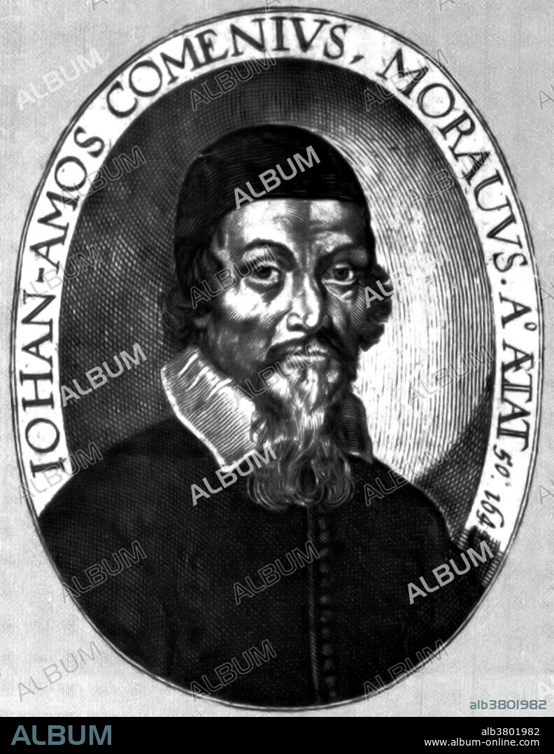 Johann Amos Comenius (March 28, 1592 - November 15, 1670) was a Czech teacher, educator and writer. He believed humans are born with a natural craving for knowledge. In his Didactica Magna (Great Didactic), he outlined a system of schools that is the exact counterpart of the existing American system of kindergarten, elementary school, secondary school, college, and university. His influence on educational thought is comparable with that of his contemporaries, Bacon and Descartes, on science and philosophy. He wrote a series of textbooks all based on the same fundamental ideas: (1) learning foreign languages through the vernacular; (2) obtaining ideas through objects rather than words, (3) starting with objects most familiar to the child to introduce him to both the new language and the more remote world of objects, (4) giving the child a comprehensive knowledge of his environment, physical and social, as well as instruction in religious, moral, and classical subjects, (5) making the acquisition of knowledge a pleasure rather than a task, and (6) making instruction universal. He is considered the father of modern education. He died in 1670 at the age of 78.