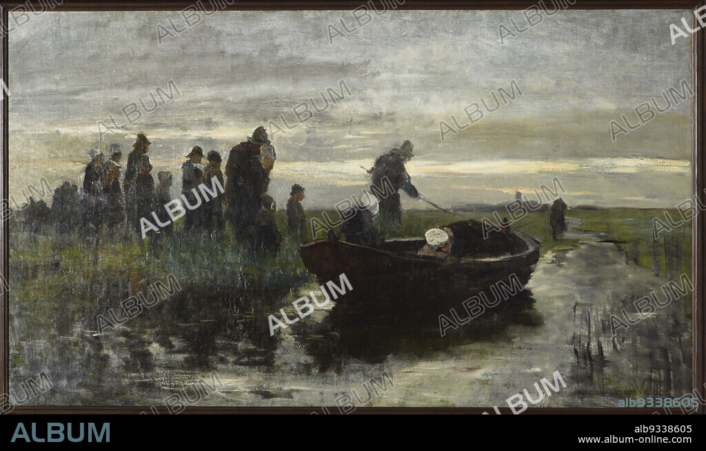 Marken funeral barge, Petrus van der Velden, artist, 1890-1891, Christchurch, Here, a summer funeral party makes its way to a church in the distance. A widow lies face down on top of the coffin, in accordance with local custom. The mood is evocative, the paintwork sketchy and impressionist. In fact, the work may be unfinished.