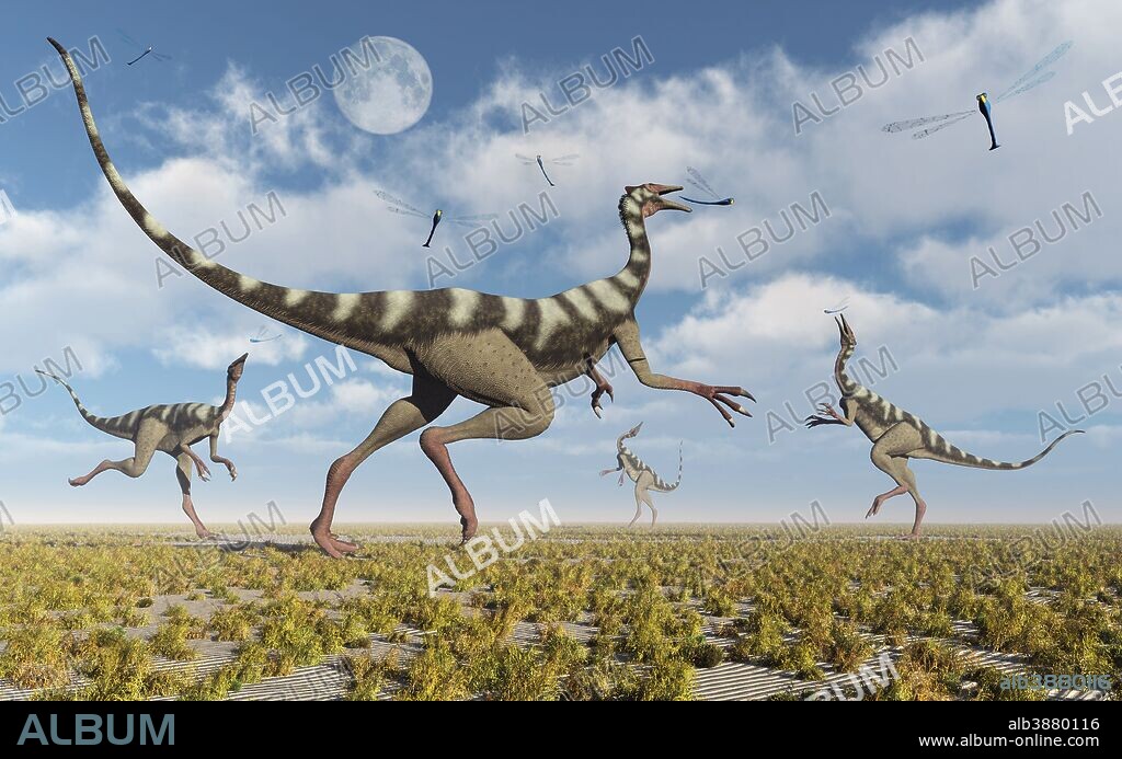 A group of Pelecanimimus dinosaurs chasing dragonflies during Earth's Cretaceous period of modern day Spain.