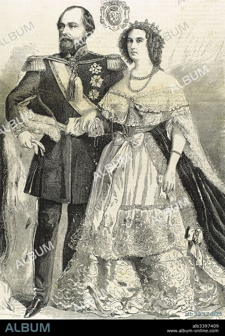 Guillermo III (Bruselas,1817-Castillo de Loo, 1890). Rey de los Países Bajos y gran duque de Luxemburgo (1849-1890). Hijo de Guillermo II. Guillermo III de Holanda con su esposa, Sofía Federica, Princesa de Wurtemberg. Grabado del año 1862.