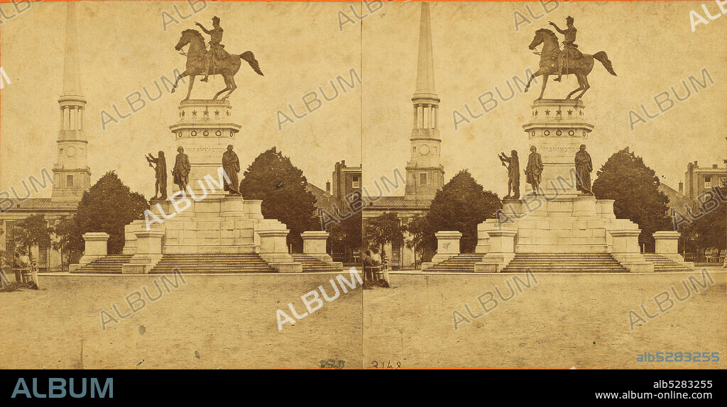Washington Monument in the Capitol Grounds, Richmond, Va. Statues of Patrick Henry, Thomas Jefferson and Mason around the centre sic base., E. & H.T. Anthony (Firm), 1861, United States.