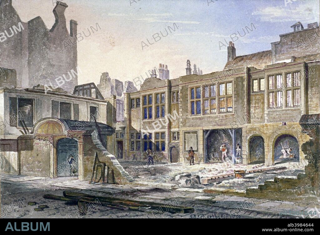 View of the demolition of Winchester Place, London, 1839. The great 16th century house in Great Winchester Street off Old Broad Street was taken down in 1839.