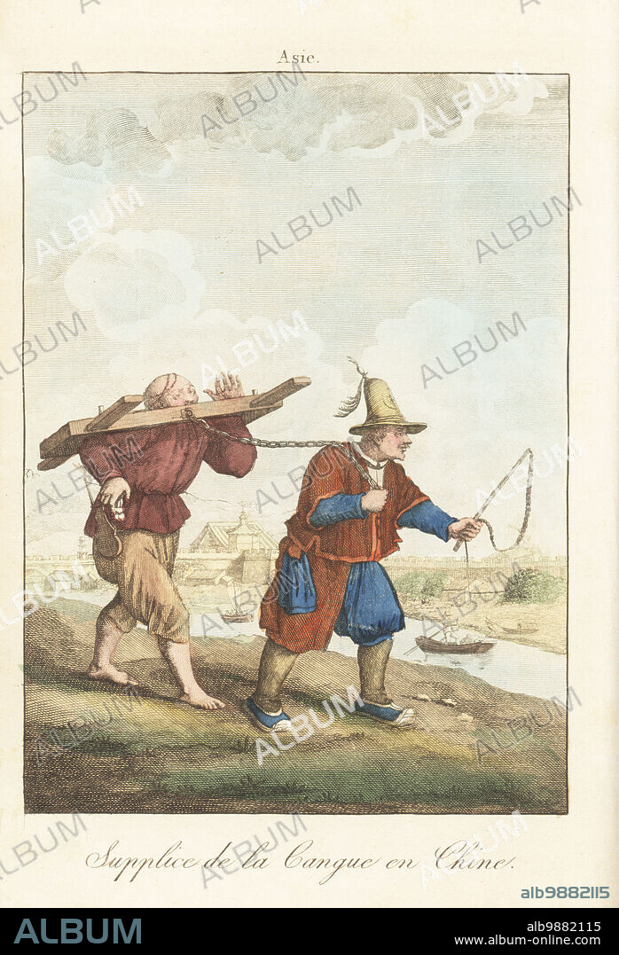 A Chinese court official with a whip leads a prisoner wearing the cangue or tcha. The Chinese punished criminals and debtors with this heavy wooden yoke around the neck. Supplice de la Cangue en Chine. Copied from an illustration by William Alexander artist to the Macartney Embassy to China, 1793. Handcoloured copperplate engraving from A. Antoine de Saint-Gervaiss Album des Peuples, ou Collection de Tableaux, Album of Peoples, or Collection of Paintings, J. Langlume et Peltier, Paris, 1835. Reprinted from Moeurs et coutumes des Peuples, Hocquart, 1811.