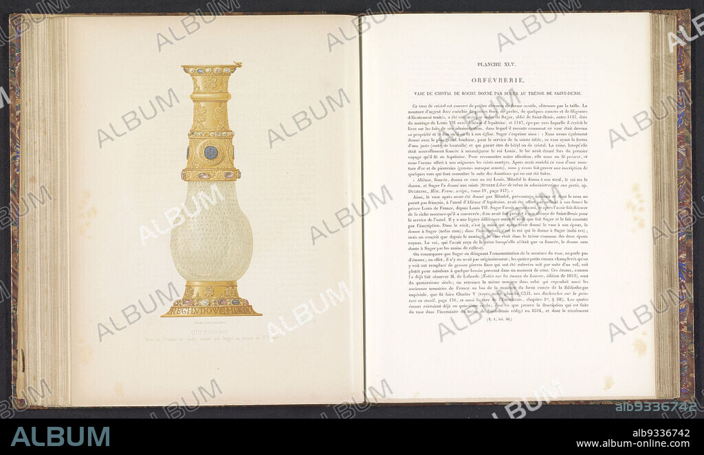 Rock crystal vase from Suger of Saint-Denis, Vase en Cristal de roche, donné par Suger au trésor de St. Denis, Orfévrerie (series title), print maker: Gierre, (mentioned on object), intermediary draughtsman: Alexis Nicolas Noël, (mentioned on object), Paris, c. 1859 - in or before 1864, paper, height 204 mm × width 85 mm.