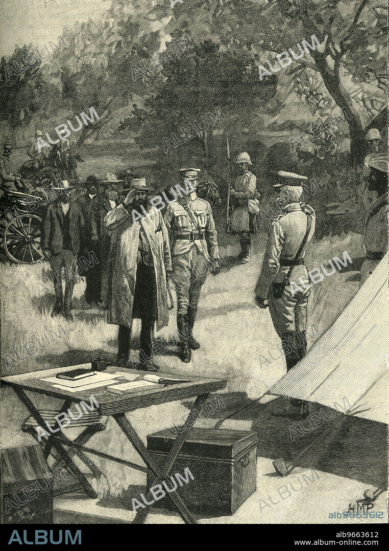 MARGUERITE JACOB. 'Cronje's Surrender', 27 February 1900, (c1900). Boer general Piet Cronje surrenders to Lord Frederick Sleigh Roberts, Commander in Chief of the British Army, after the Battle of Paardeberg, South Africa. From "Cassell's History of England, Vol. IX". [Cassell and Company, Limited, London, Paris, New York & Melbourne].