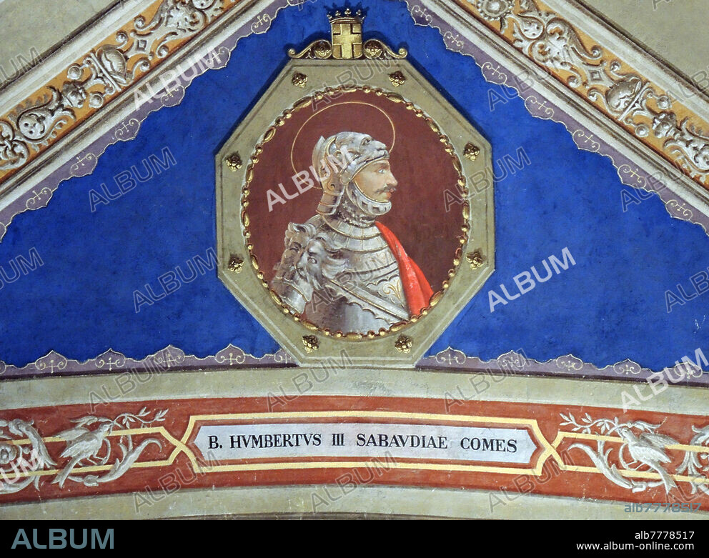 UMBERTO III of Savoy called the Blessed (4 August 1136 - 4 March 1189), Count of Savoy and Count of Aosta and Moriana from 1148. Son of Amedeo III, he succeeded him to the throne with the title of Umberto III. His figure became legendary over the centuries, especially due to the fervent faith to which he was attached, which earned him the beatification in 1838 by Gregory XVI with recurrence on 4 March (Dies Natalis, birth to heaven). Fresco in a small vault of the side aisle of the Basilica of San Michele Maggiore in Pavia, after the restoration of the 19th century.