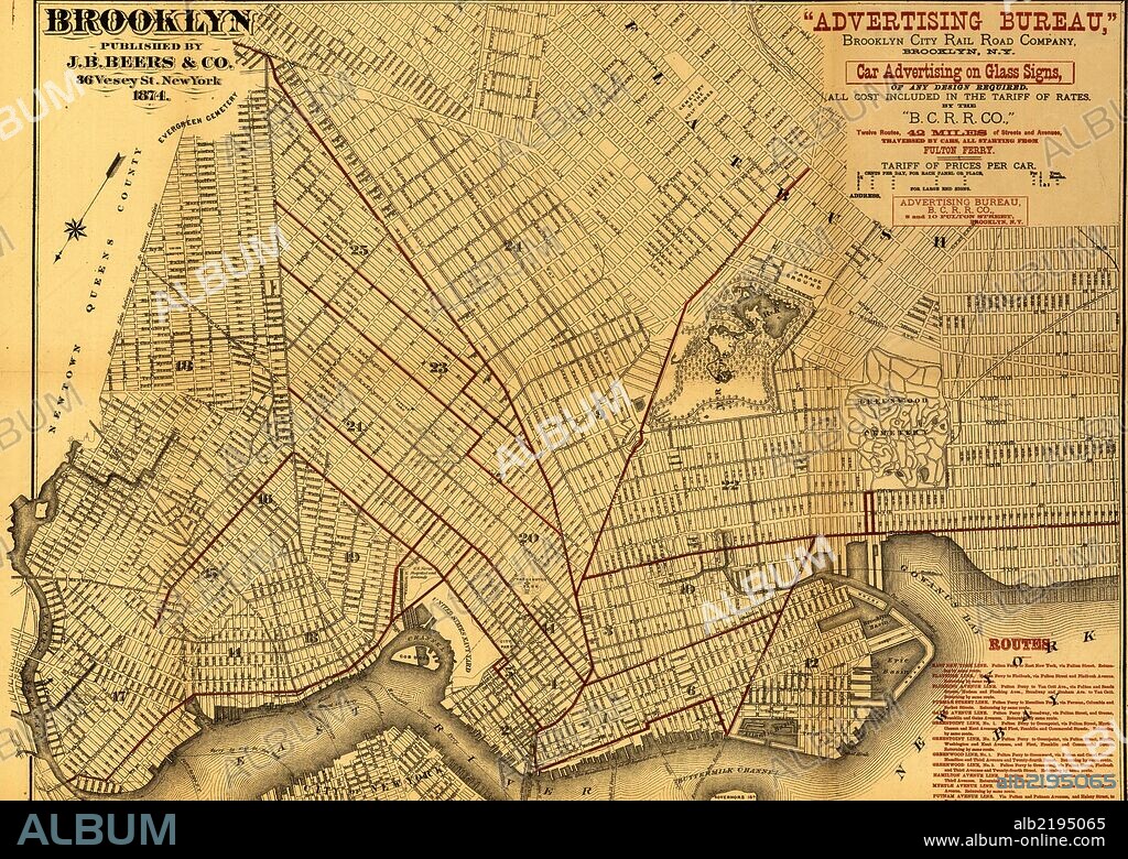 Street map of Brooklyn published for Advertising Bureau, Brooklyn City Rail Road Company. Overprinted in brown to show "Twelve Routes, 42 miles of Streets and Avenues Traversed by Cars, all Starting from Fulton Ferry." Contains a list of routes in lower left of map.