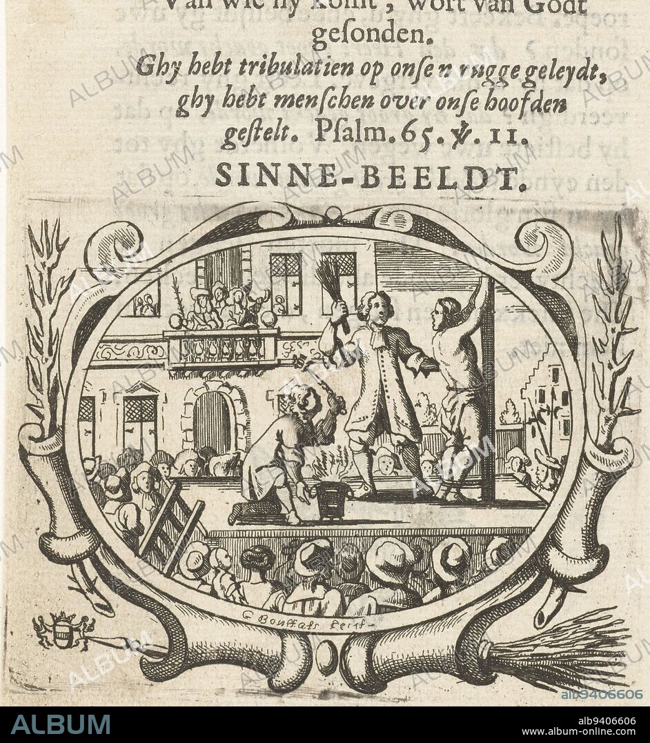 Adversity is sent by God, Gaspar Bouttats, 1679, Page from a book (p. 150) with text and printer's vignette on verso. In an oval cartouche, a criminal is publicly punished. He is beaten with a rod and will later be branded. Above the cartouche the title (motto) of the print and a quotation from the Bible (Psalm 66:11). Below the print a caption: 'Siet naer het recht, niet naer den servant' and a description explaining the print. Just as in criminal proceedings the executioner is only the executor of justice, adversity is only the executor of the will of God., print maker: Gaspar Bouttats, (mentioned on object), F. Franciscus Lijftocht, publisher: Arnold van den Eynden, print maker: Antwerp, Diest, publisher: Utrecht, 1679, paper, etching, engraving, letterpress printing, h 145 mm × w 88 mm, h 66 mm × w 82 mm.