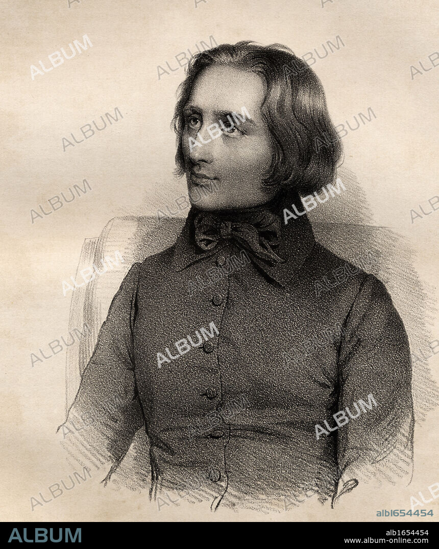 Franz Liszt,1811-1886. Hungarian composer. 19th century lithograph by Em. Baerentzen & Co.From the book "Figaro. Journal of Literature,Art and Music" by Georg Garstensen. Published 1841.