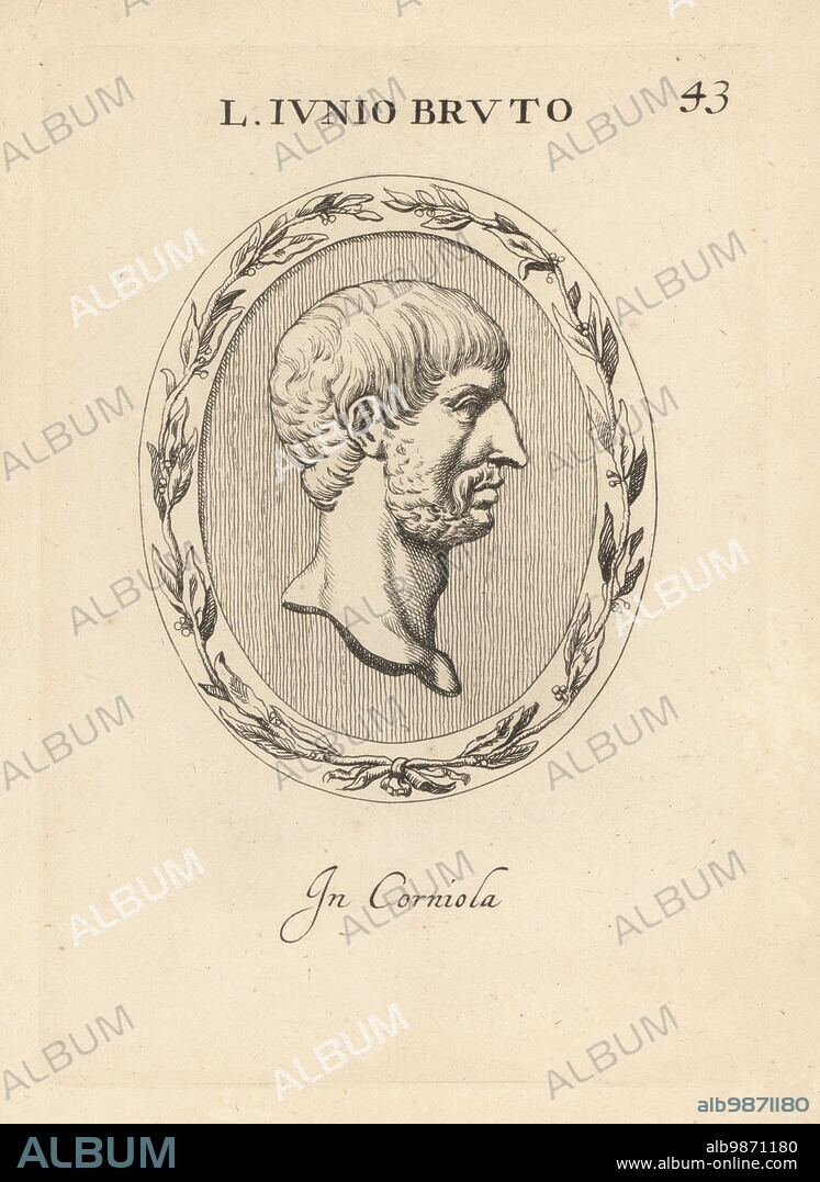 Bust of Lucius Junius Brutus (fl. 6th century BC), semi-legendary first Consul and founder of the Roman Republic. In carnelian. Lucio Iunio Bruto. In corniola. Copperplate engraving by Giovanni Battista Galestruzzi after Leonardo Agostini from Gemmae et Sculpturae Antiquae Depicti ab Leonardo Augustino Senesi, Abraham Blooteling, Amsterdam, 1685.