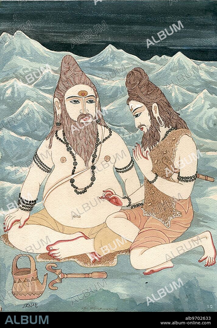 India: Hinduism - Hindu art - Himalayan Academy art - India - Religion - Spirituality - Artist S. Rajam - sannyasin - monk - sadhu - saint - ascetic - rishi - renunciate - swami - apprentice - master - initiate - nitiation - humility - guru - sishya - natha - himalaya - saivite - danda - yogi - tiger skin - Indian art - Hindu - art - religion - Hindu religion - Hindu belief.