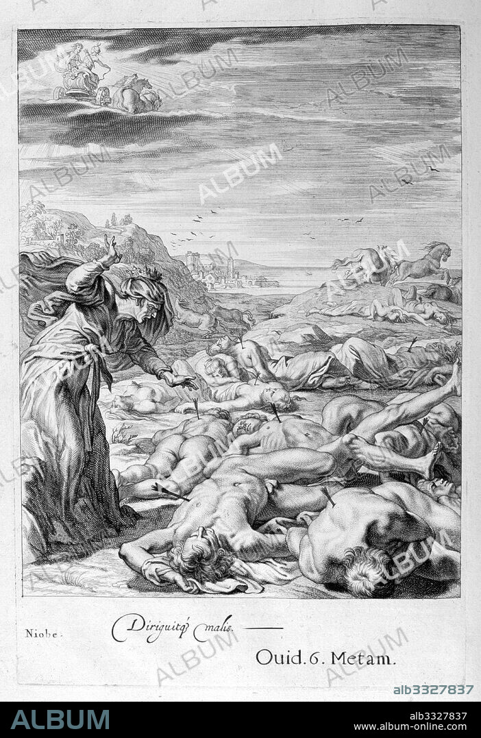 In Greek mythology, Niobe was a daughter of Tantalus and of either Dionne. Engraving depicting Jason and the Argonuats from 'Tableaux du temple des muses' (1655) by Michel de Marolles (1600 - 1681), known as the abbe de Marolles; a French churchman and translator.