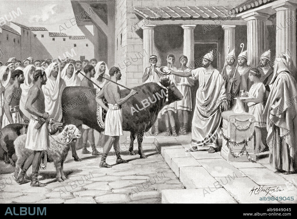 Romans offering The suovetaurilia or suovitaurilia, one of the most sacred and traditional rites of Roman religion, the sacrifice of a pig (sus), a sheep (ovis) and a bull (taurus) to the deity Mars to bless and purify land. From Hutchinson's History of the Nations, published 1915.