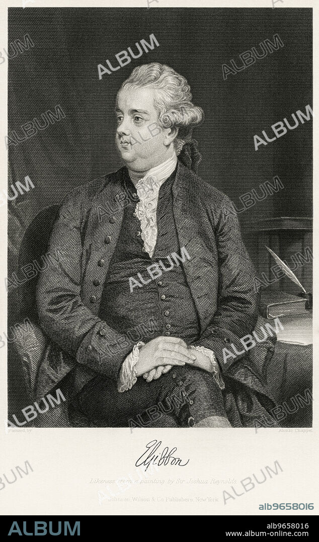 Edward Gibbon (1737-94), English Historian, Writer and Member of Parliament, Seated Portrait, Steel Engraving, Portrait Gallery of Eminent Men and Women of Europe and America by Evert A. Duyckinck, Published by Henry J. Johnson, Johnson, Wilson & Company, New York, 1873.