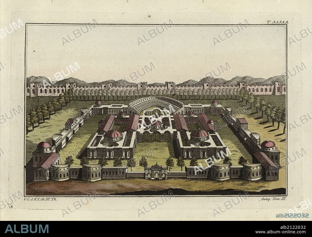 Baths of Diocletian (Thermae Diocletiani) in Rome, with hot baths Caldarium, sauna Tepidarium, cold baths Frigidarium and Natatio. Handcoloured copperplate engraving from Robert von Spalart's "Historical Picture of the Costumes of the Principal People of Antiquity and of the Middle Ages," Chez Collignon, Metz, 1810.