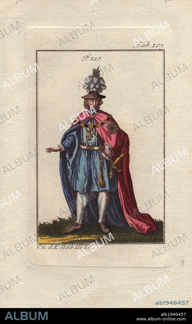 The Order of the Black Eagle was the highest order of chivalry in the Kingdom of Prussia, founded in 1701 by Elector Friedrich III of Brandenburg.. . The ceremonial robes included a red velvet cape with blue lining, with an embroidered star on the left shoulder.. . Handcolored copperplate engraving of a knight from a religious military order from Robert von Spalart's "Historical Picture of the Costumes of the Principal People of Antiquity and of the Middle Ages" (1796).