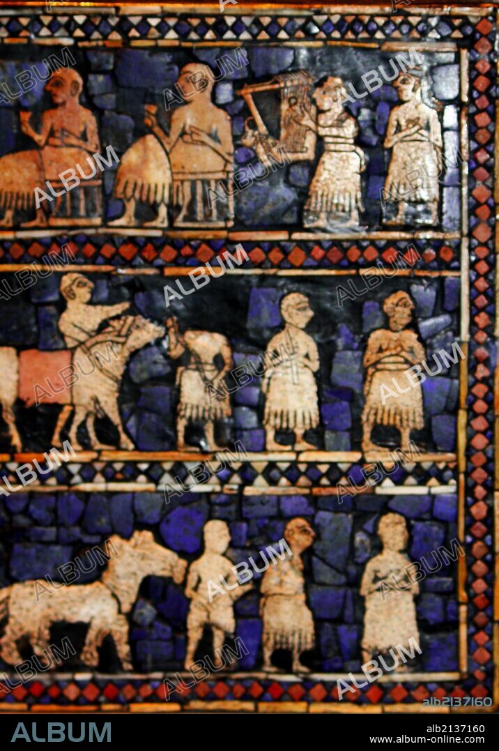 Detail from the Standard of Ur (Peace side). Sumerian artefact (circa 2600 BC) excavated from the royal tomb in the city of Ur in the 1920's. South of what is now Baghdad in Iraq. It is an historical account of ancient warfare, and shows a king, subjects, musicians, soldiers and animals (Photo by: Universal History Archive/UIG via Getty Images).