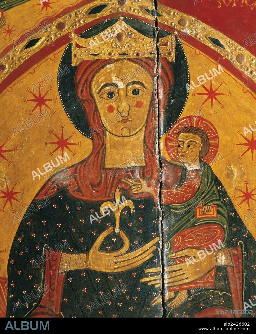 ARTE ROMANICO. ESPAÑA. "FRONTAL DE ALTAR DEL COLL" Pintura sobre madera. Tamaño: 100 x 155cm. Procedente del Santuario de la Vírgen del Coll. Siglo XII. Detalle central con la representación de LA VIRGEN CON EL NIÑO JESUS EN BRAZOS. Museu Episcopal de Vic. Provincia de Barcelona. Cataluña.