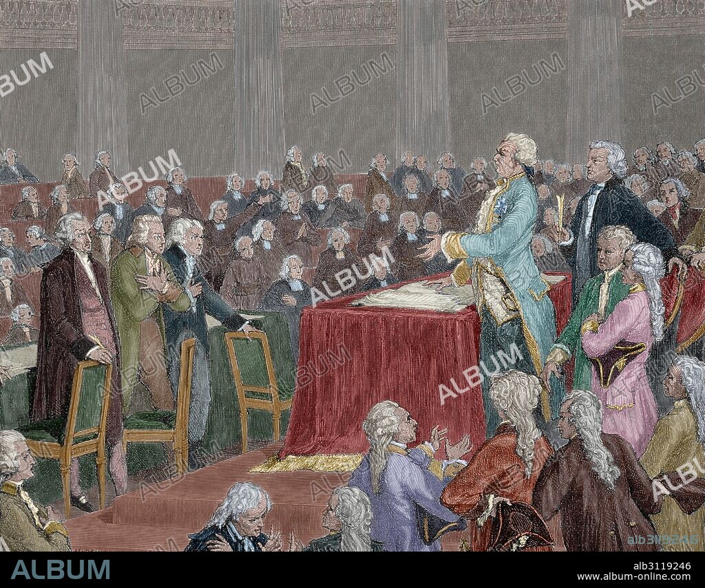 REVOLUCION FRANCESA (1787-1799). "LUIS XVI JURANDO Y ACATANDO LA NUEVA CONSTITUCION ANTE LA ASAMBLEA CONSTITUYENTE" (Julio de 1790). Grabado por Meyer Heine, 1900. Coloreado.