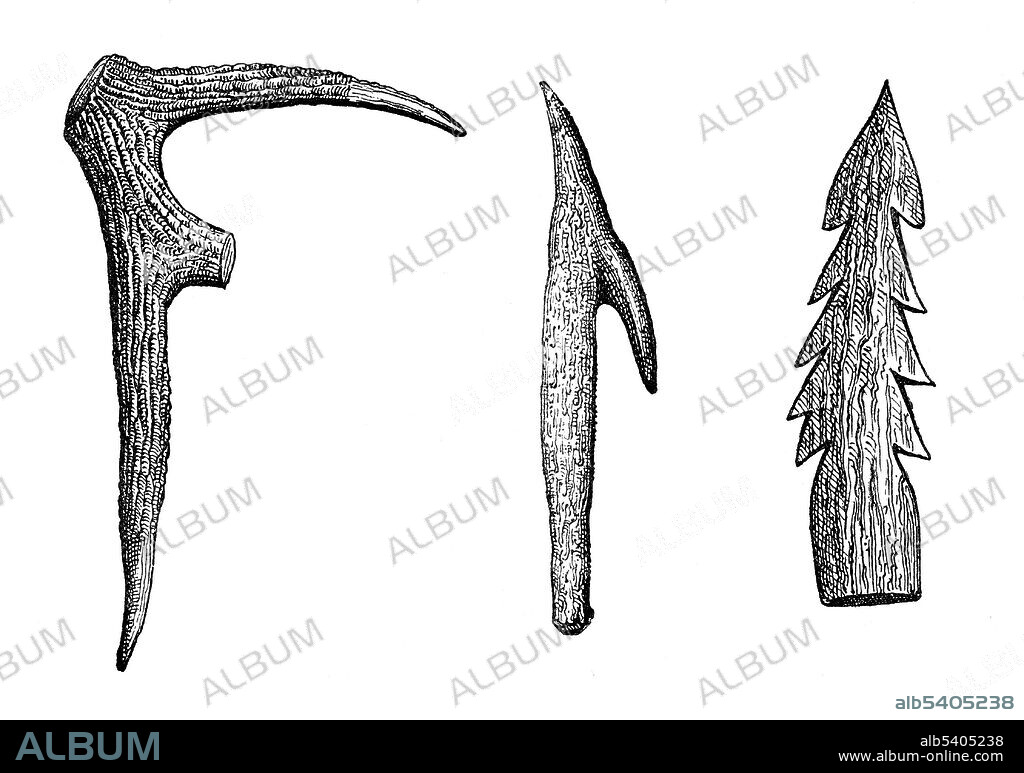 (L) staghorn pickaxe, (M) and (R) staghorn harpoons from the Lacustrine Habitations of Switzerland. Lacustrine Habitations refer to the remains of human dwellings of great antiquity, constructed on certain lakes in Ireland, Switzerland. They seem to have been villages built on piles in the middle of a lake. According to Figuier during the Reindeer Age (outdated, unused term refers to Upper Paleolithic, Late Stone Age), bone and reindeer's horn displaced flint. Image taken from Primitive Man by Louis Figuier, 1870 (cropped and cleaned).