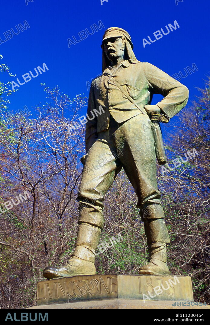 Statue of explorer David Livingstone on Zambezi River at Victoria Falls in Zimbabwe, Africa.