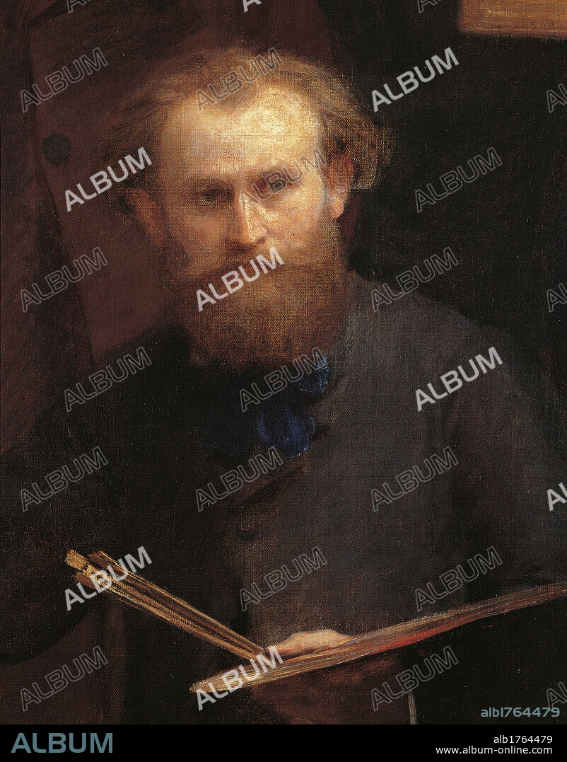 Ateliers des Batignolles, by Henri Fantin-Latour, 1870, 19th Century, oil on canvas, cm 204 x 273,5. France, Ile de France, Paris, Muse dOrsay, RF 2210. Detail. Study painter palette brushes brown red black white face beard moustache Manet.