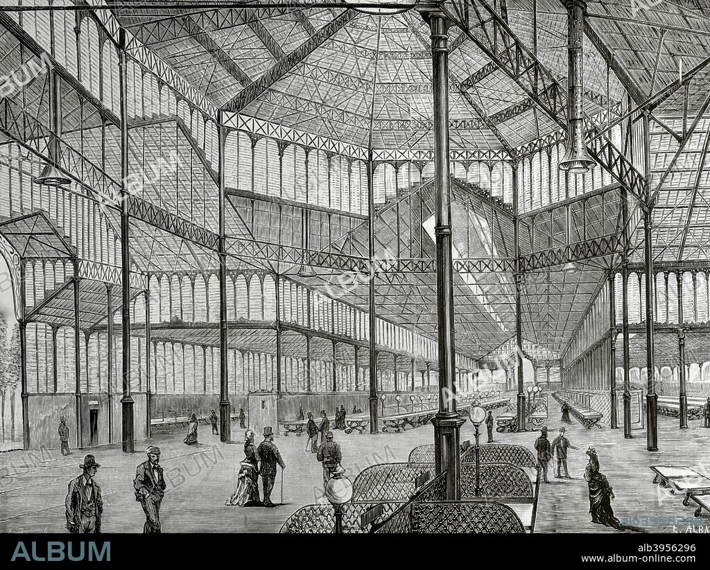 España, Cataluña, Barcelona. Antiguo mercado del Borne (Born). El mayor edificio construido en hierro en Barcelona hasta ese momento. Fue diseñado por Josep Fontseré i Mestre (1829-1897) y construido entre 1874 y 1876 (los trabajos comenzaron el 12 de julio de 1874 y terminaron el 15 de noviembre de 1876). Fué un mercado municipal en barrio de La Ribera. Albergaba un total de 720 paradas. La inauguración oficial tuvo lugar el 28 de noviembre de 1876. Vista del interior. Dibujo por A. Rigalt. Grabado por Enrique Alba (1848-1920). La Ilustración Española y Americana, 22 de diciembre de 1876. Biblioteca Histórico Militar de Barcelona. Cataluña, España.