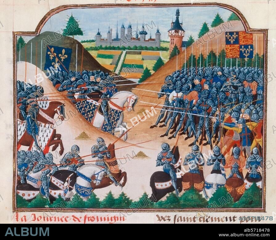 Hundred Year's War between France and England 1339-1453 / Battle of Formigny on 15.4.1450 (victory of the French under Jean de Clermont and Arthur de Richemont over the English under Sir Thomas Kyriell). Battle scene. Illumination, French, 15th Century. From: Jean Chartier, Chronique de Charles VII. Ms. fr. 2691, fol. 183. Paris, Bibliothèque Nationale.