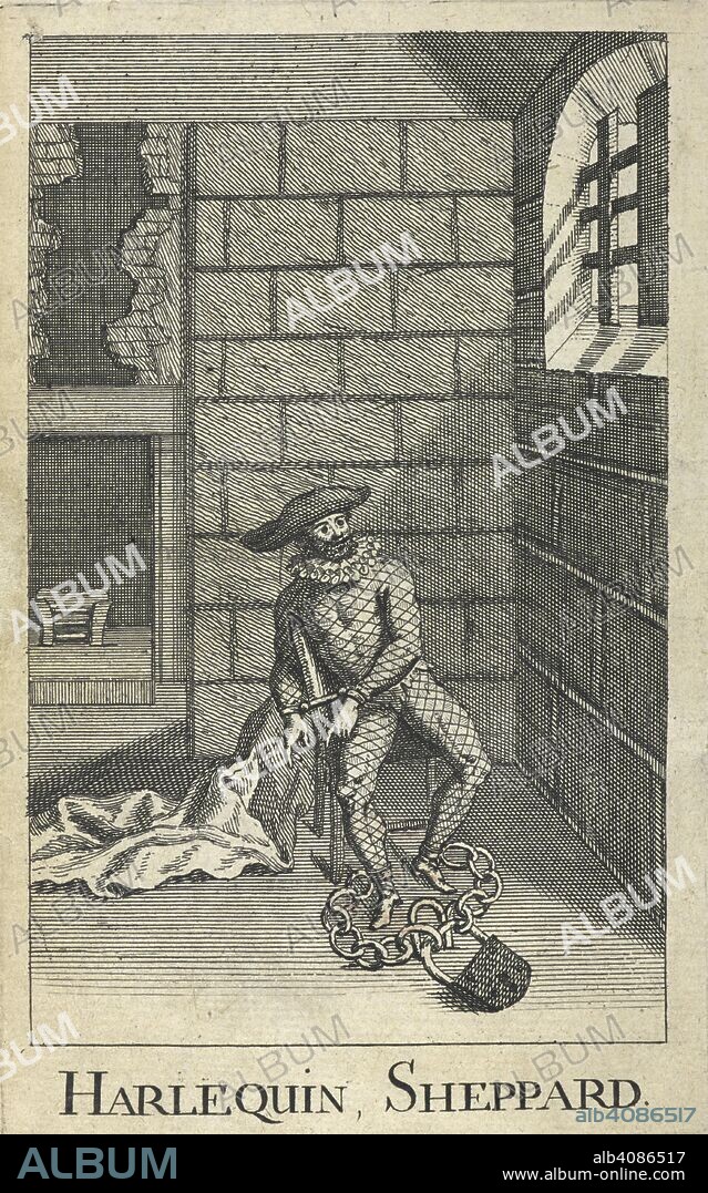 Jack Sheppard portrayed as a harlequin. Harlequin Sheppard. A nigh scene in grotesque characters: as it is performed at the Theatre-Royal in Drury-Lane ... To which is prefixed an introduction, giving an account of Sheppard's life, etc. London : J. Roberts, 1724. Source: 11779.e.2, frontispiece. Language: English.