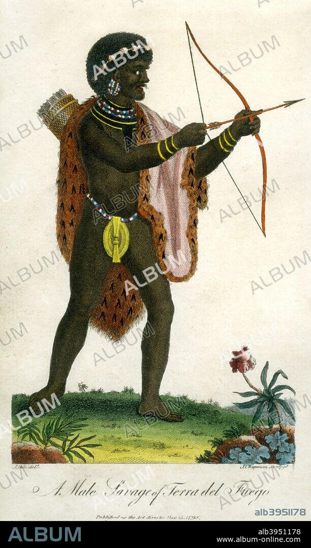 'A Male Savage of Terra del Fuego', 1795. The Selk'nam and Yaghans were the native people of Tierra del Fuego. They became virtually extinct after gold was discovered in 1879, prompting large-scale immigration.