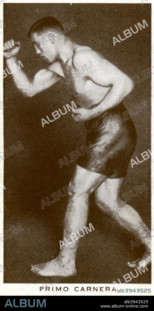 Primo Carnera, Italian boxer, 1938. A huge man, standing 6 foot 5 inches tall and weighing in at over 20 stone, Carnera (1906-1967) was nicknamed the 'Ambling Alp'. He won the World Heavyweight Championship in June 1933 when he knocked out Jack Sharkey of the United States in New York. He made two successful defences of his title before being defeated by Max Baer in June 1934. Over the course of his career Carnera fought 103 times, with 89 wins and 14 losses. A Churchman's Cigarettes picture card.