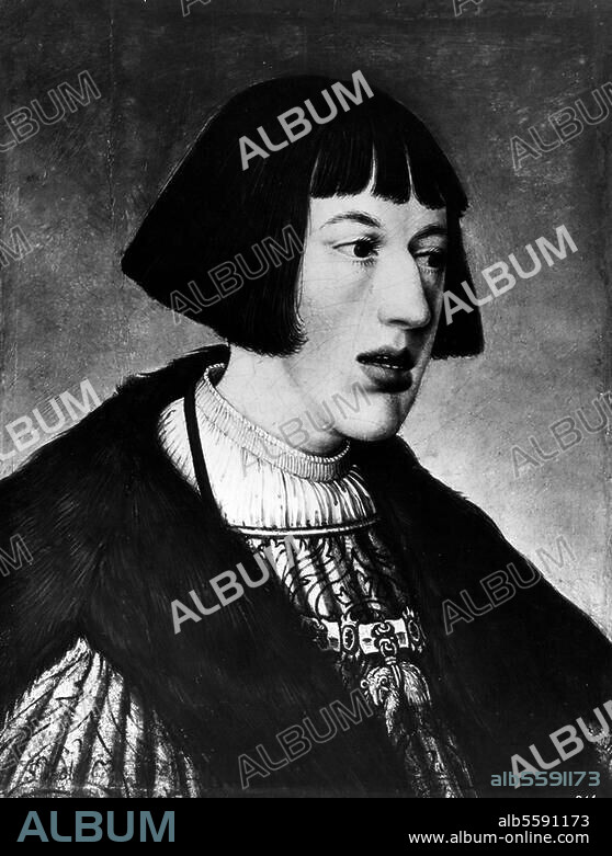 Ferdinand Ier, empereur romain germanique (1556-64), à partir de 1526 roi de Bohème et Hongrie, à partir de 1531. roi de Rome et remplaçant de son frère Charles Quint à la tête de l'empire ; Alcala de Henarès 10.3.1503 - Vienne 25.7.1564. - Portrait de Ferdinand en archiduc. Peinture, v. 1520, de Hans Maler. Vienne, Kunsthistorisches Museum.