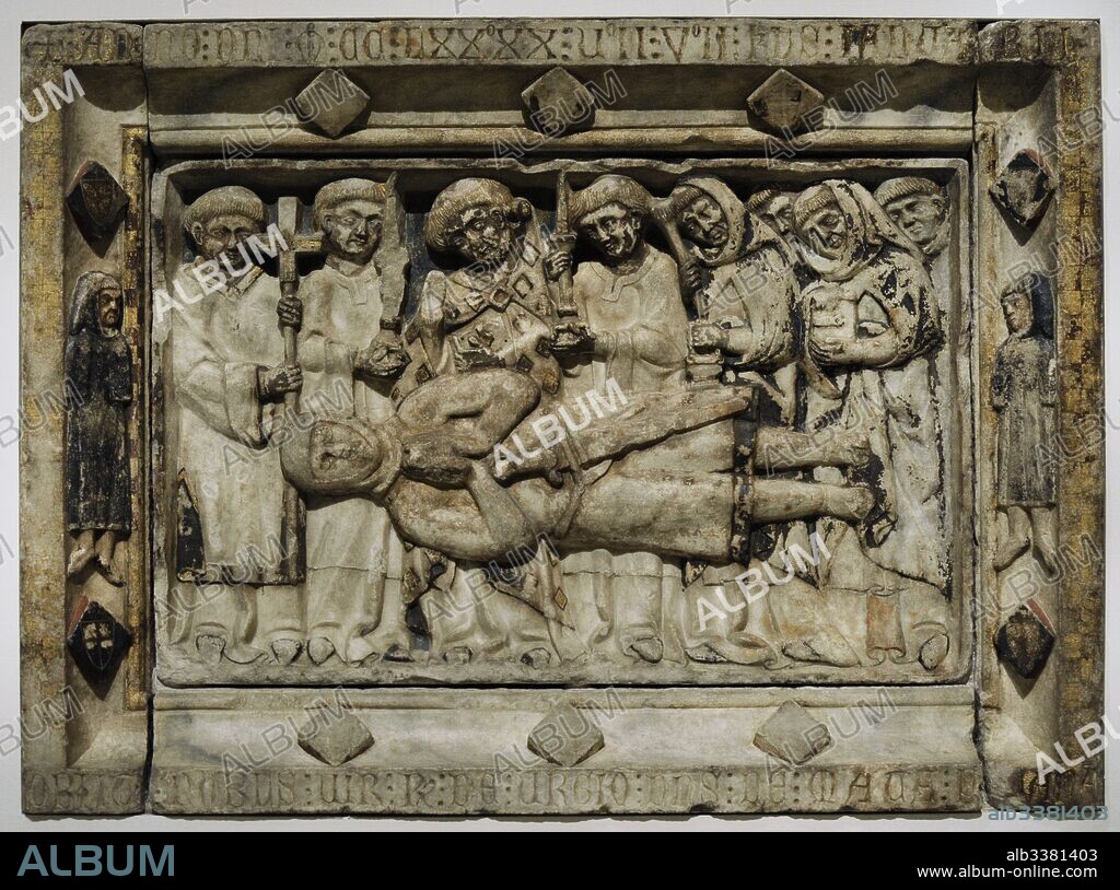 Burial stone of Ramon Urtx (d.1297). Last quarter of 13th century. Anonymous. Catalonia. Gothic. Marble. From the Cloister of the Convent of Sant Domenech, Puigcerda. National Art Museum of Catalonia. Barcelona. Catalonia. Spain.