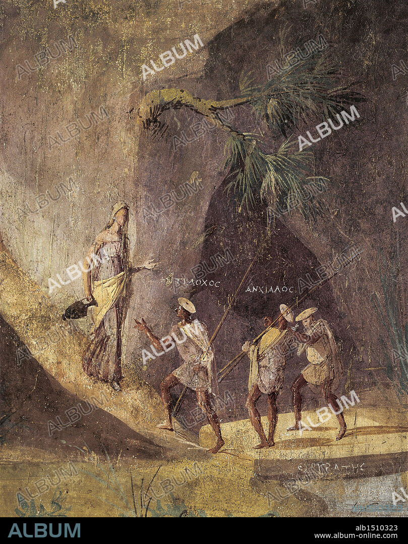 Roman civilization, 1st century b.C. Odyssey Landscapes: the Land of the giants Laestrygonians, detail of left panel, fresco, 150X396 cm. From Rome, excavations at Via Graziosa. Detail: messengers of Ulysses asking questions to the king's daughter.