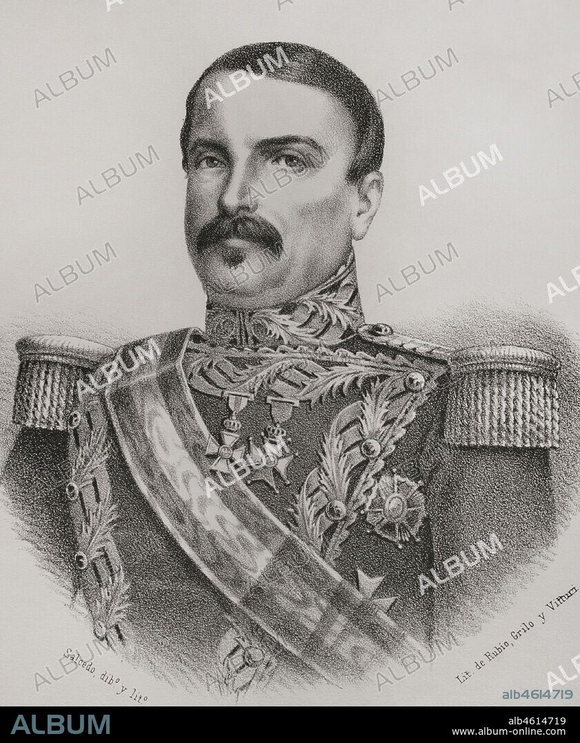 ISIDORO SALCEDO. SPANISH PAINTER, LITHOGRAPHER AND CARTOONIST,19TH CENTURY.. Antonio Urbiztondo y Eguía (1803-1857), marqués de la Solana. General español. Conquistador del archipiélago de Joló, convirtiéndose en parte de las Islas Filipinas bajo soberanía española. El 28 de enero de 1850 fue nombrado capitán general y gobernador de las islas Filipinas. Retrato. Ilustración por Salcedo. Litografía. Crónica General de España, Historia Ilustrada y Descriptiva de sus Provincias. Filipinas, 1871.