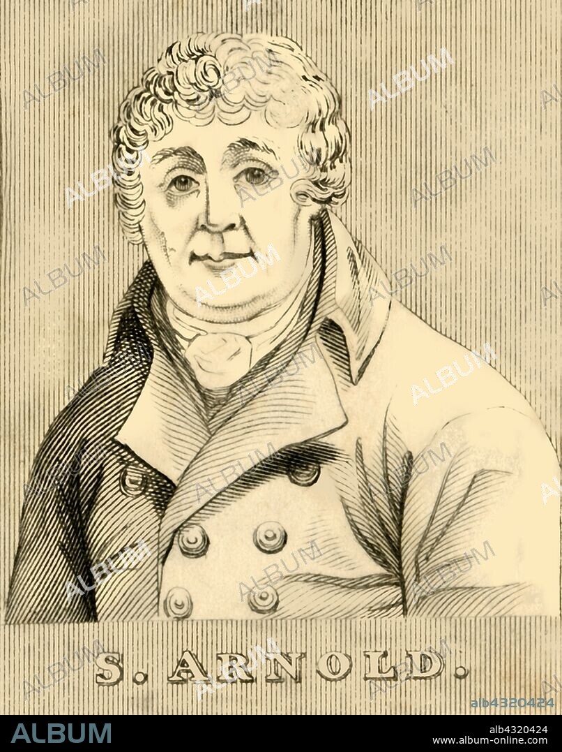 'S. Arnold', (1740-1802), 1830. Samuel Arnold (1740-1802) English composer and organist.  From "Biographical Illustrations", by Alfred Howard. [Thomas Tegg, R. Griffin and Co., J. Cumming, London, Glasgow and Dublin, 1830].