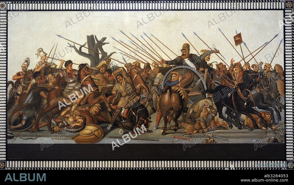 "BATALLA DE ISOS". Enfrentamiento entre ALEJANDRO MAGNO y el rey persa DARIO III en el año 333 a. C. GUERRAS MEDICAS. Copia contemporánea del antiguo mosaico romano (siglos I o II a. C.), procedente de la Casa del Fauno, Pompeya. Museo Arqueológico Nacional. Nápoles. Italia.