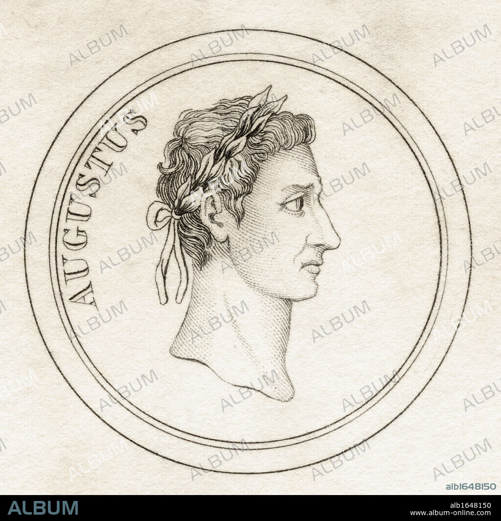 Augustus born Gaius Octavius Thurinus known as Gaius Julius Caesar Octavianus 63BC - 14AD First emperor of the Roman Empire From the book Crabbs Historical Dictionary published 1825.