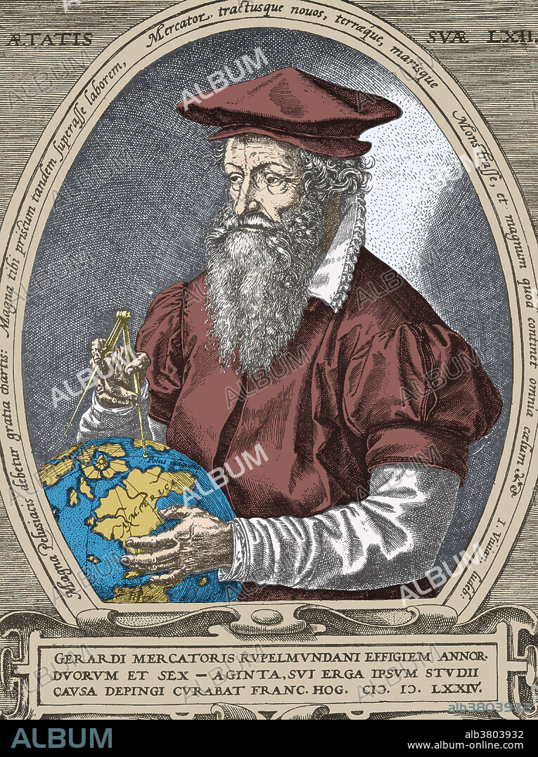 Flemish geographer Gerardus Mercator (1512-1594). Mercator's most enduring contribution was his Mercator Projection, or Mercator Chart. The Mercator Projection became the standard map for nautical use, because it depicted accurate shapes of land mass and also accurate directions used for determining bearing. It did so at the expense of scale, which was distorted. His work was continued by his son, Rumold Mercator. Colored Version of BD8016.