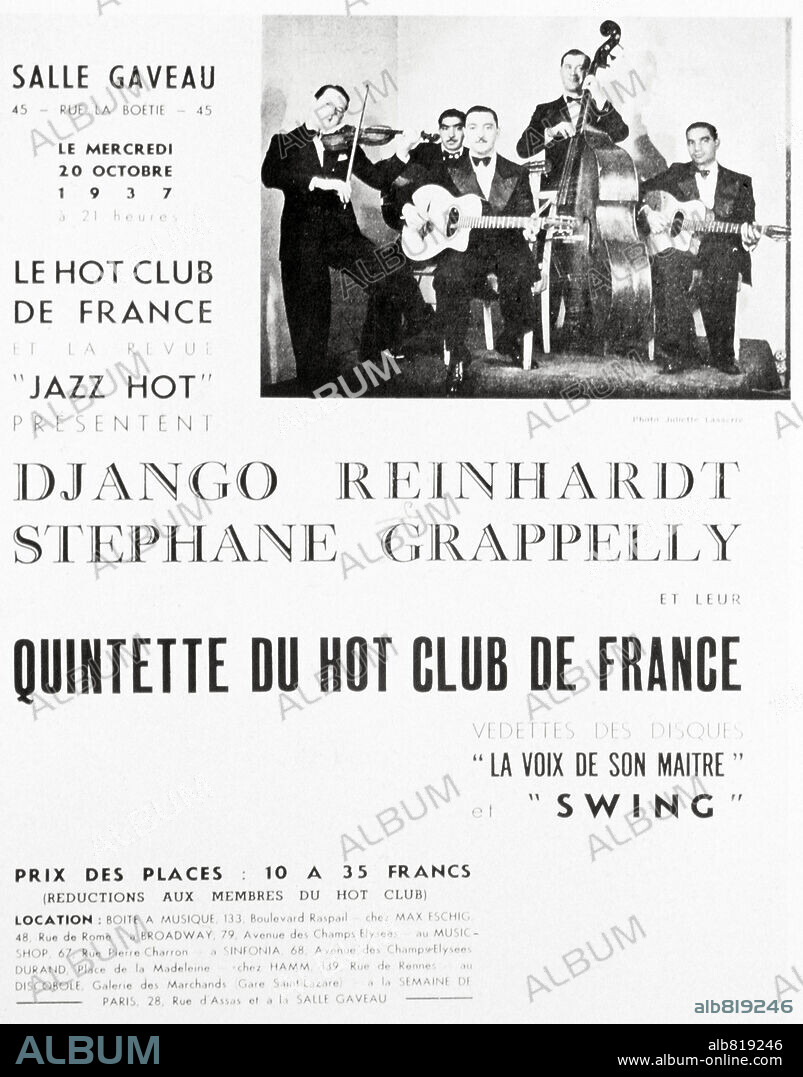 Advertisement for the Quintet Hot Club of Paris, France, 1937. Stephane Grappelli (1908-1997) prominent French Jazz violinist in Europe for "Le Jazz hot" in the 30´s 1937.