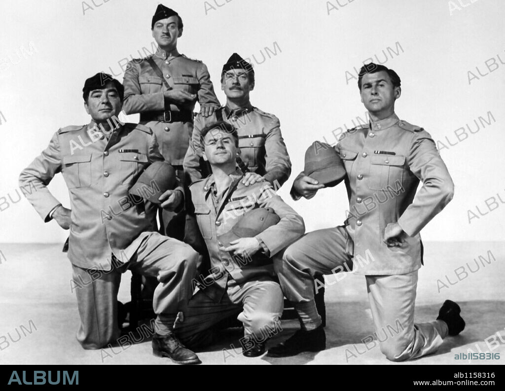 CYRIL CUSACK, DAVID NIVEN, GRETA GYNT, ROBERT NEWTON, STEWART GRANGER and WALTER PIDGEON in SOLDIERS THREE, 1951, directed by TAY GARNETT. Copyright M.G.M.
