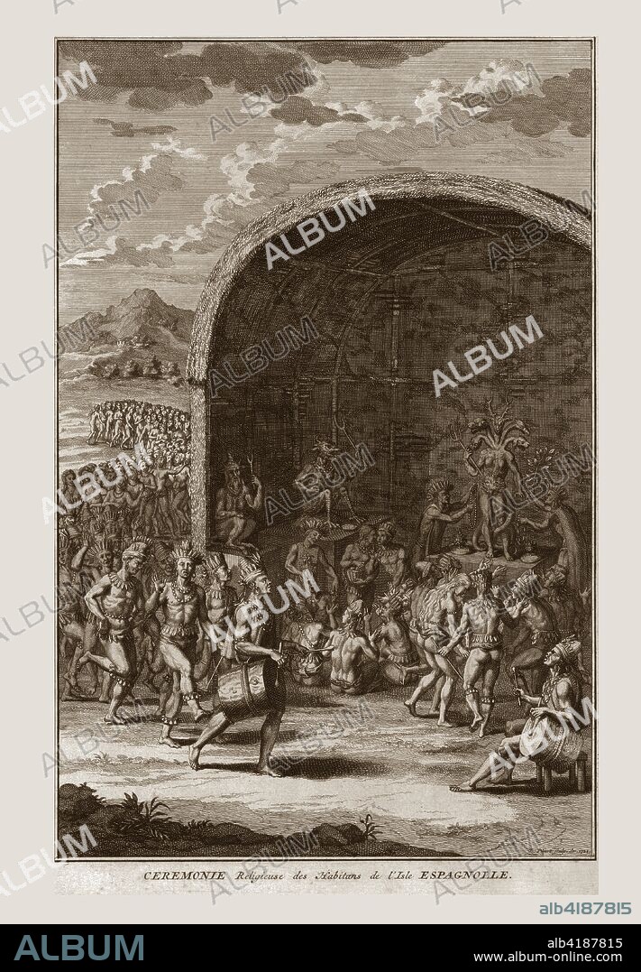 'Religious Ceremony of the Inhabitants of the Isle of Hispaniola', c1721. Indigenous people drumming and dancing during a celebration for the gods, on the Caribbean island of Hispaniola. Animal-headed figures can be seen inside inside the building.