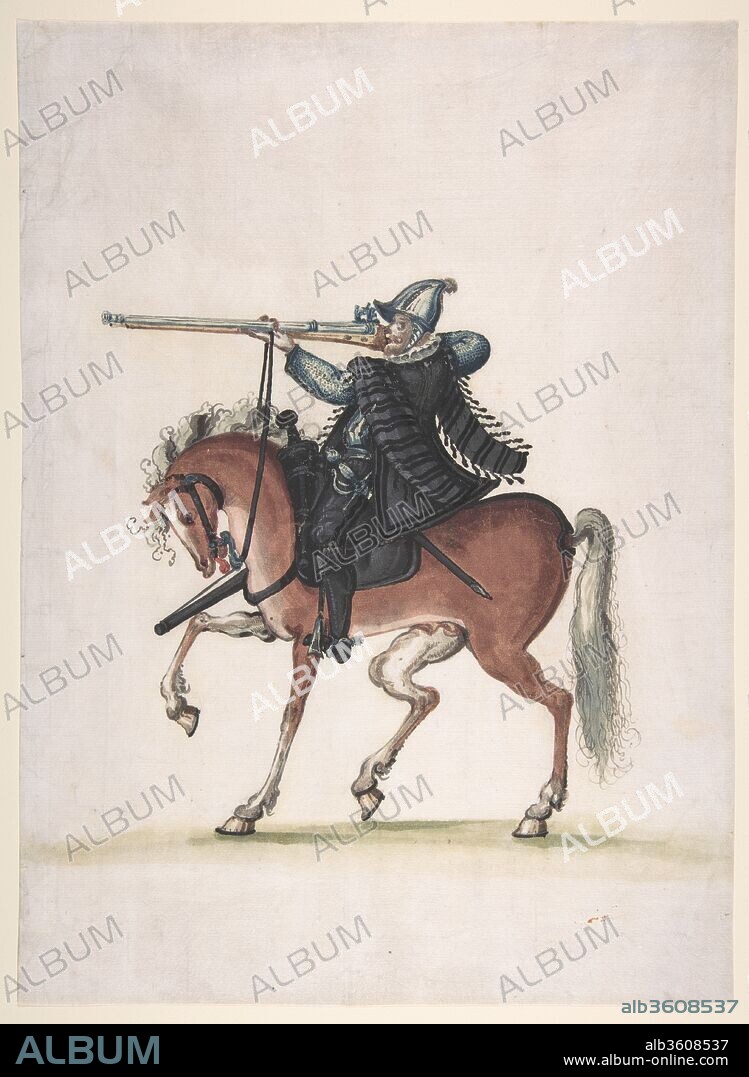 Drawing of a Mounted Arquebusier (Soldier on Horseback). Culture: Austrian. Dimensions: 12 7/8 x 9 1/2 in. (32.7 x 24.1 cm). Date: late 16th century.