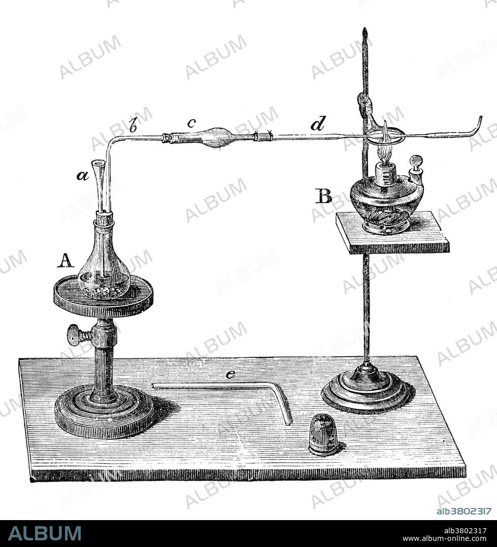 Marsh Test Apparatus, Steel engraving, 1867. The Marsh test is a method for the detection of minute amounts of arsenic in foods (the residue of fruit spray) or in stomach contents. The sample is placed in a flask with arsenic-free zinc and sulfuric acid. Arsine gas (also hydrogen) forms and is led through a drying tube to a hard glass tube in which it is heated. The arsenic is deposited as a "mirror" just beyond the heated area and on any cold surface held in the burning gas emanating from the jet. Antimony gives a similar test, but the deposit is insoluble in sodium hypochlorite, whereas arsenic will dissolve. The test was named for its inventor, the English chemist James Marsh.