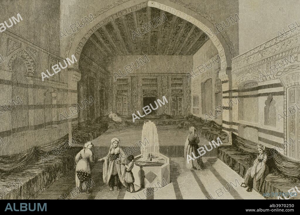 Damasco. Interior de un palacio. Grabado. Panorama Universal. Historia de la Arabia, 1851. Biblioteca Histórico Militar de Barcelona. Cataluña. España.