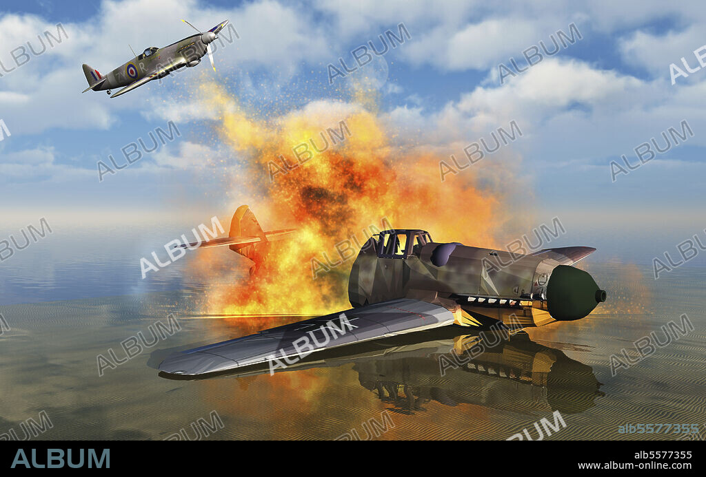A German Messerschmitt Bf 109 shot down over the English Coast by a Royal Air Force Spitfire.