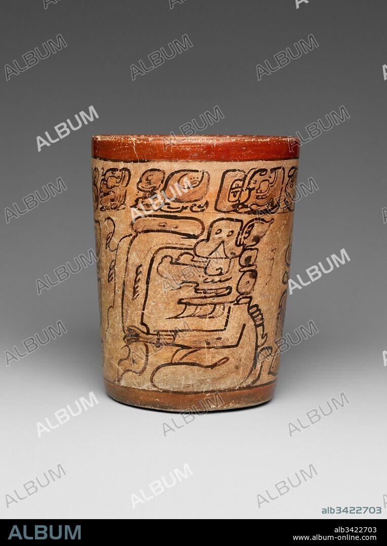Cylindrical Vessel, 7th–8th century, Guatemala or Mexico, Mesoamerica, Maya, Ceramic, slip, pigment, H. 5 1/4 x Diam. 4 1/8 in. (13.3 x 10.5 cm), Stone-Containers, This cylindrical vessel framed by red bands contains a hieroglyphic text around its rim and shows two seated gods. It is painted in the ‘codex-style’, and the artist used simple shading to emphasize the two figures.