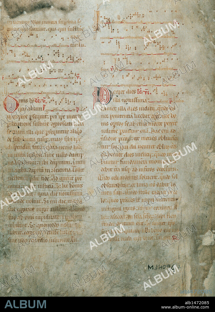 HISTORIA DE LA MUSICA. SIGLO XIII. "CANTO GREGORIANO". Folio de un pergamino catalán del s. XIII.